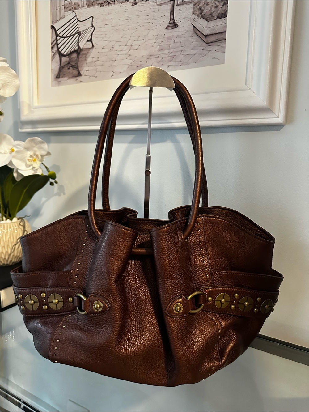 Vintage Cole Haan Village Paillette Metallic Leather Studded Satchel Tote